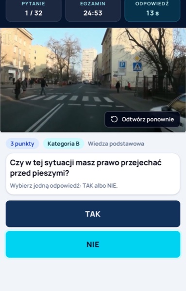 Mobilny widok symulacji egzaminu PrawkoNaPlus.pl