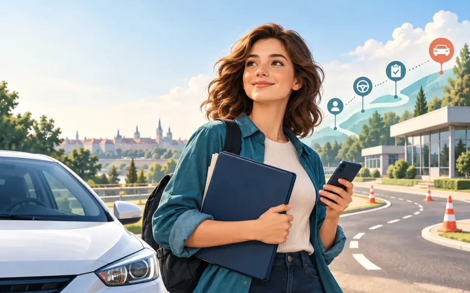 Kandydatka z teczką dokumentów i telefonem przy samochodzie szkoleniowym
