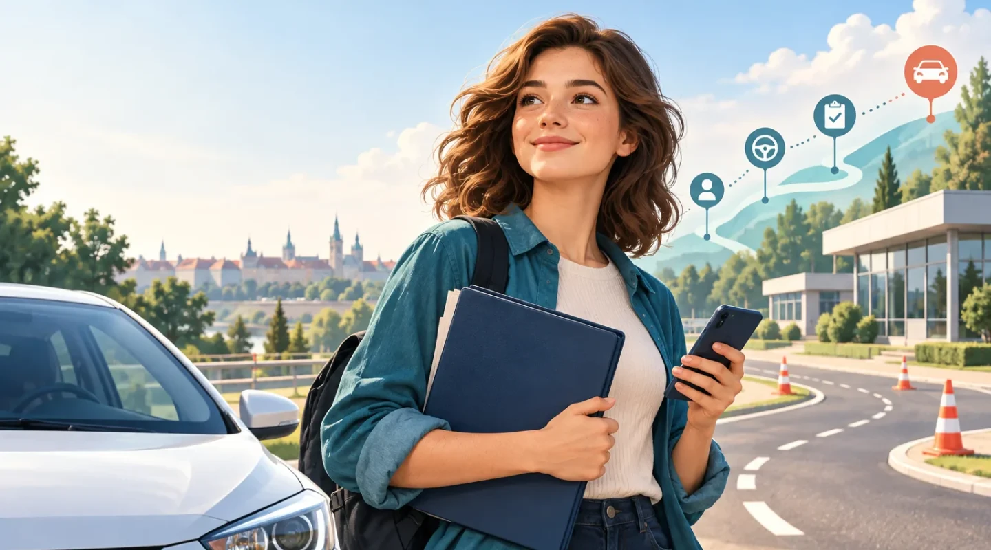 Kandydatka z teczką dokumentów i telefonem przy samochodzie szkoleniowym