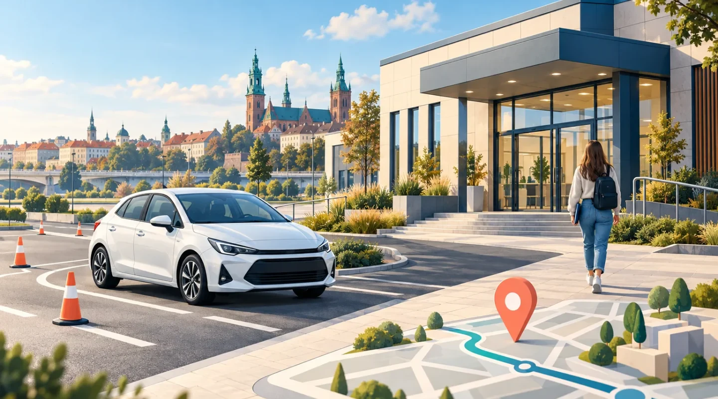 Ośrodek egzaminacyjny, samochód i mapa dojazdu