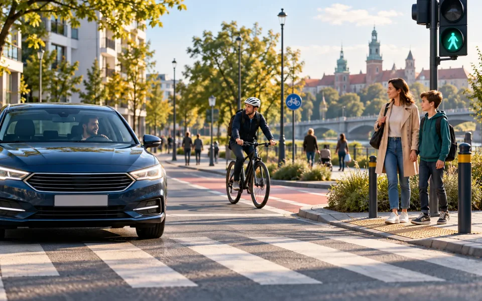 Bezpieczne przejście dla pieszych, rowerzysta i uważny kierowca